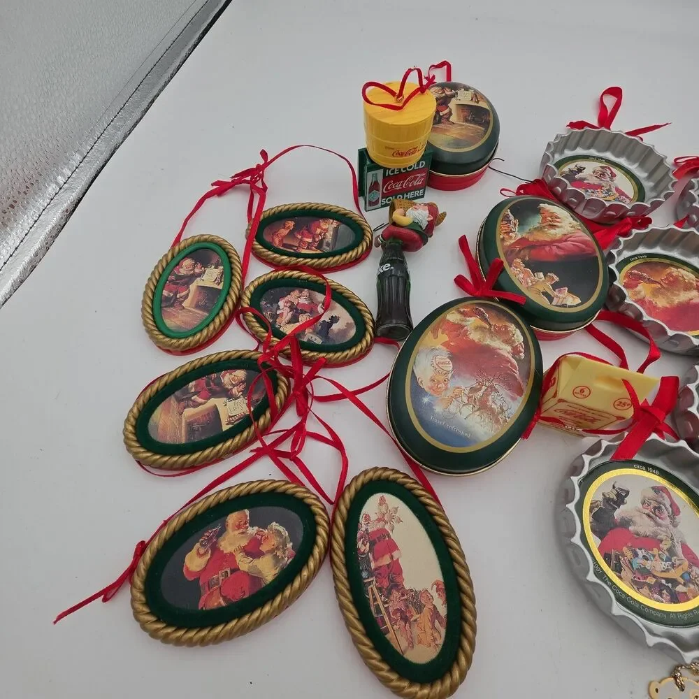 Lot of 23 Vintage Coca-Cola Christmas Ornaments Santa Bottle Cap Oval Coke Holid